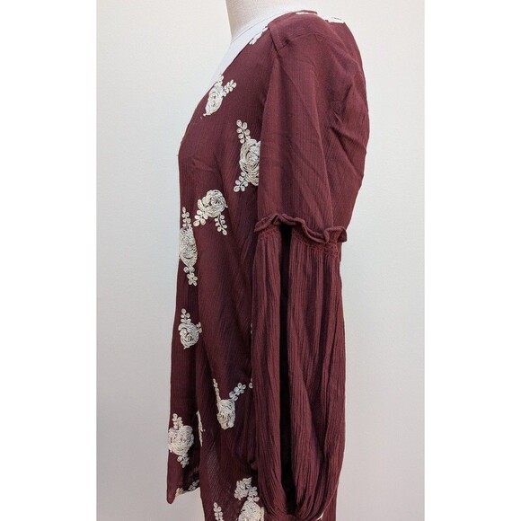 Women’s Embroidered Peasant Top Boho Blouse Long Sleeve Floral Red Burgundy Sz M - Picture 3 of 6